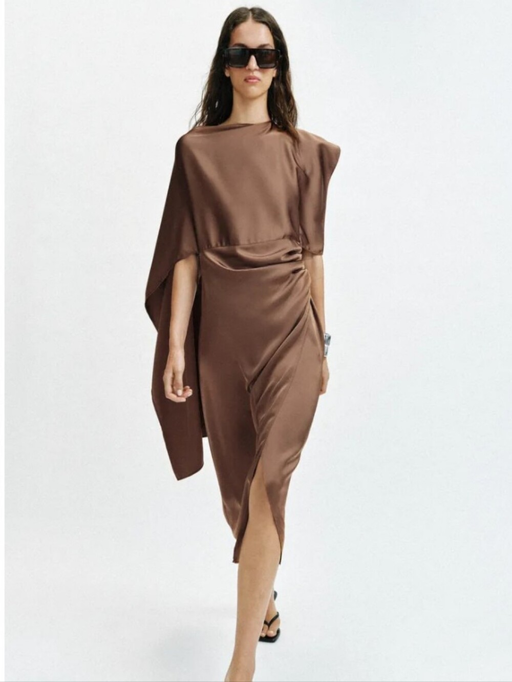 Zara Satin Effect Cape Brown Midi Dress - Picture 1 of 10